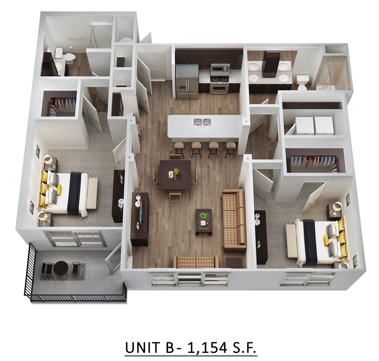 Floor plan for 2 beds, 2 baths, 1154 sqft